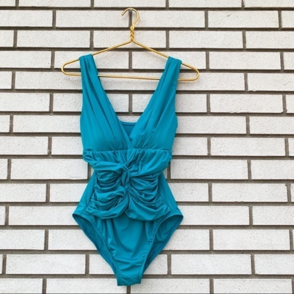 Badgley Mischka Peacock Teal Ruched Draped Maillot One Piece Swimsuit 10